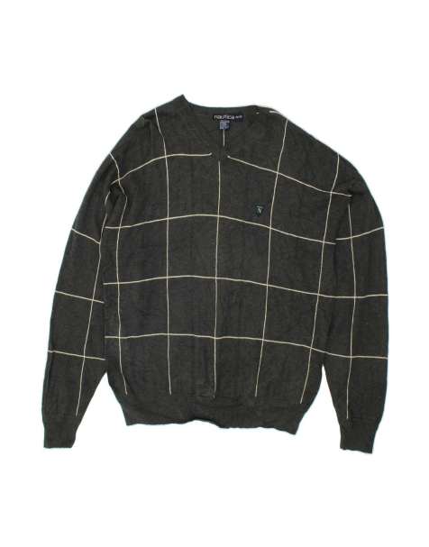 Vintage Nautica Tall V-neck Jumper Sweater XL In Grey Check - view 1