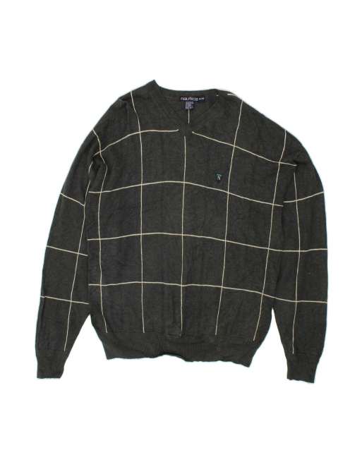 Vintage Nautica Tall V-neck Jumper Sweater XL In Grey Check