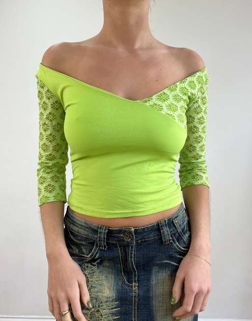 Vintage off the shoulder floral top in green