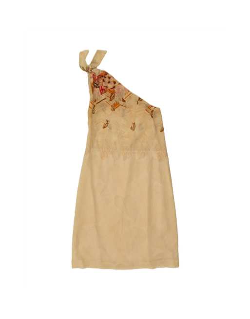 Vintage One Shoulder Dress UK 12 Medium In Beige Spotted