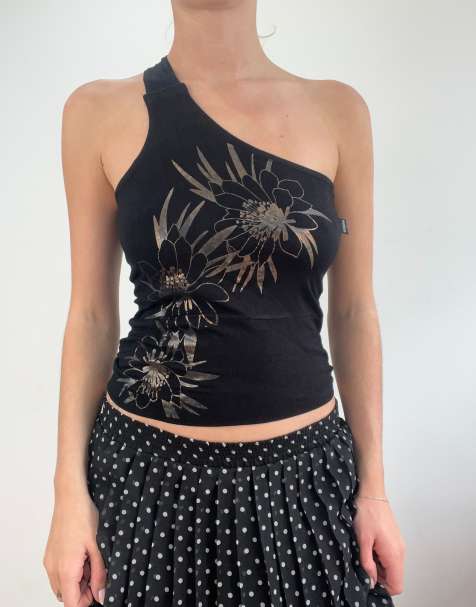 Vintage one shoulder floral top in black - view 1