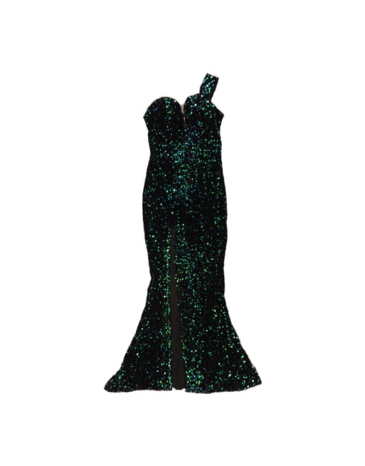 Vintage One Shoulder Mermaid Dress UK 6 XS In Black Flecked