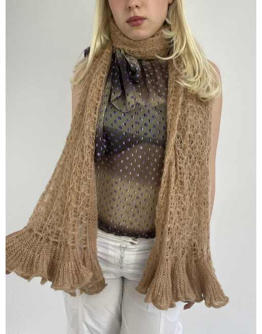 Vintage one size chunky striped knit scarf in light brown, 2 of 4