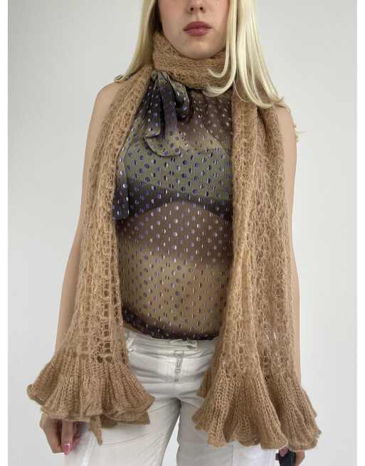 Vintage one size chunky striped knit scarf in light brown, 4 of 4