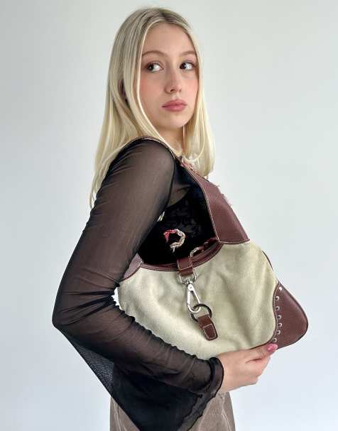 Vintage one size studded shoulder bag in cream and brown - view 1