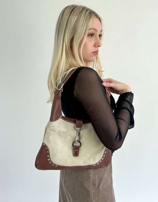 Vintage one size studded shoulder bag in cream and brown, 2 of 4
