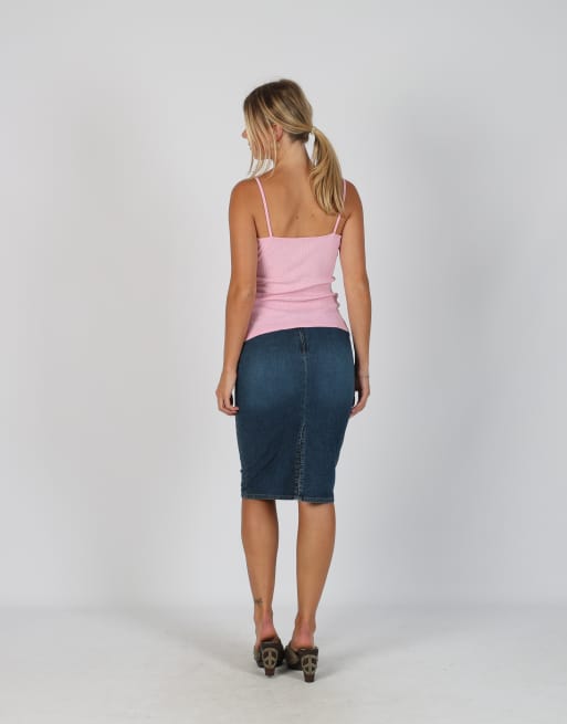 Vintage Onyx S denim midi skirt in blue, 3 of 4