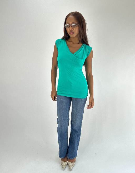 Vintage open back shirt in teal blue