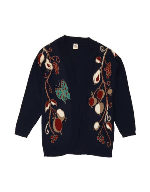 Vintage Open Cardigan Sweater UK 16 Large In Blue Floral
