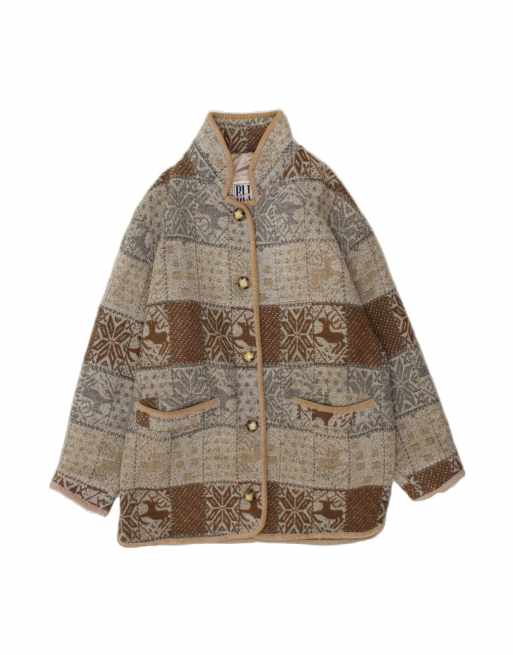 Vintage Overcoat UK 14 Medium In Grey Fair Isle Wool