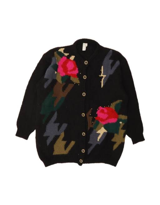 Vintage Oversized Cardigan Sweater UK 16 Large In Black Floral