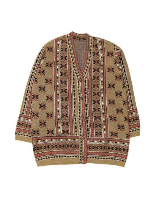 Vintage Oversized Cardigan Sweater UK 18 XL In Beige Fair Isle