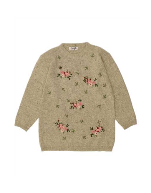 Vintage Oversized Crew Neck Jumper Sweater One Size In Green Floral