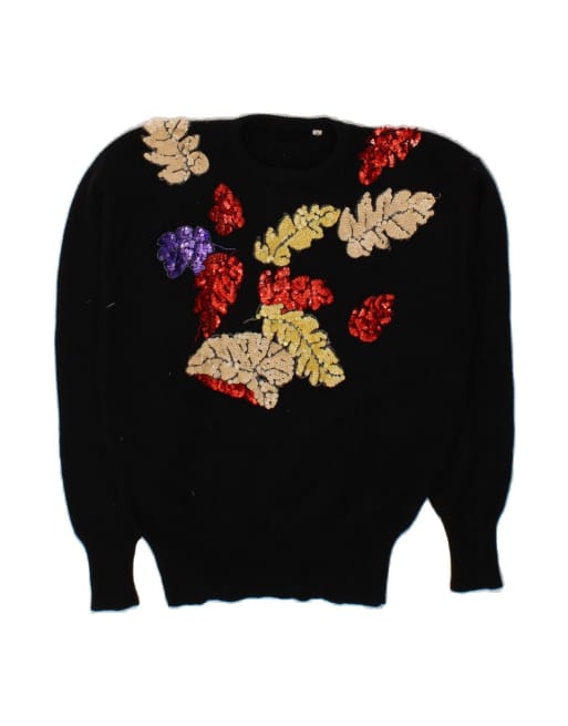 Vintage Oversized Crew Neck Jumper Sweater UK 10 Small In Black Floral
