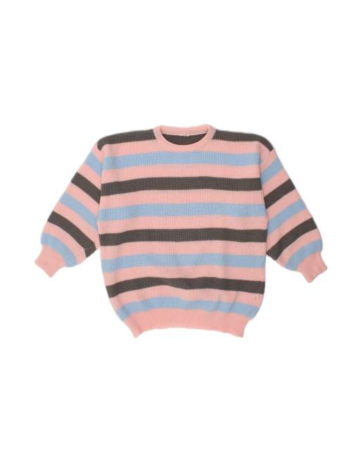 Vintage Oversized Crew Neck Jumper Sweater UK 20 2XL In Pink Striped