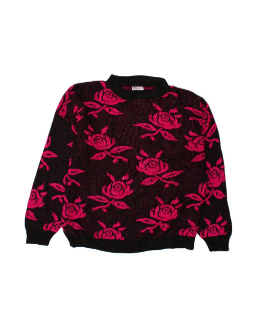 Vintage Oversized Crew Neck Jumper Sweater UK 22 3XL In Black Floral
