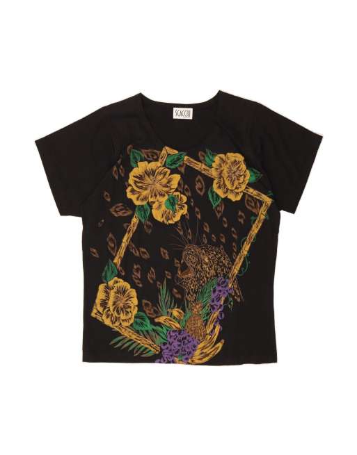 Vintage Oversized Graphic T-shirt Top UK 10 Small In Black Floral