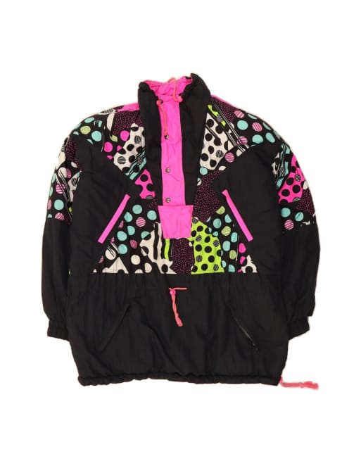 Vintage Oversized Pullover Ski Jacket UK 18 XL In Black Geometric