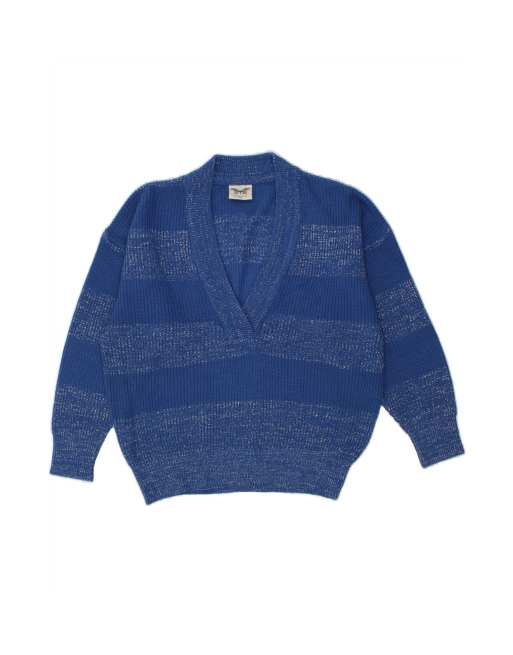 Vintage Oversized V-neck Jumper Sweater EU 40 Medium In Blue Striped
