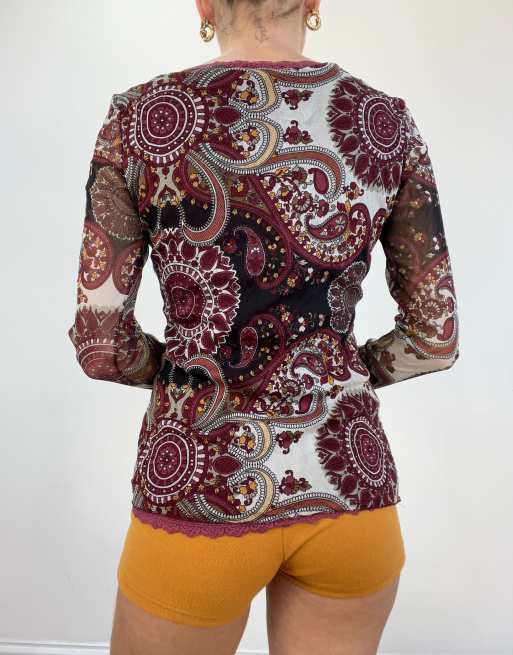 Vintage paisley print long sleeve top in burgundy, 2 of 4