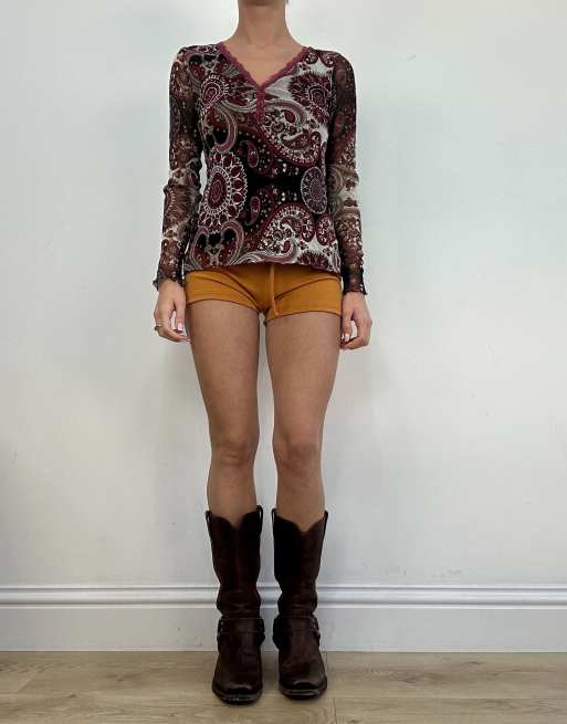 Vintage paisley print long sleeve top in burgundy, 4 of 4