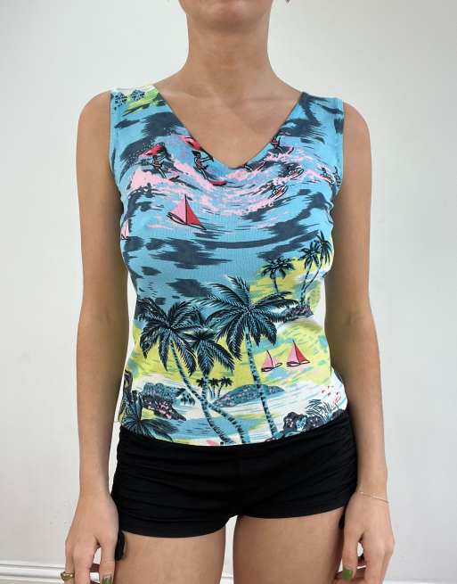 Vintage palm tree graphic vest in blue
