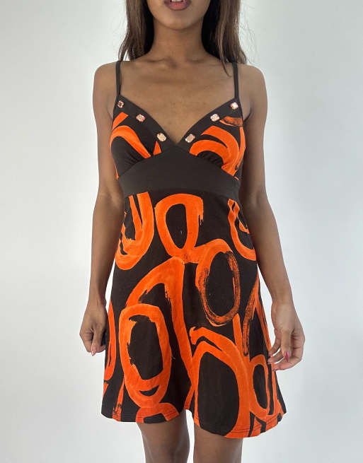 Vintage patterened mini dress in orange, 3 of 4