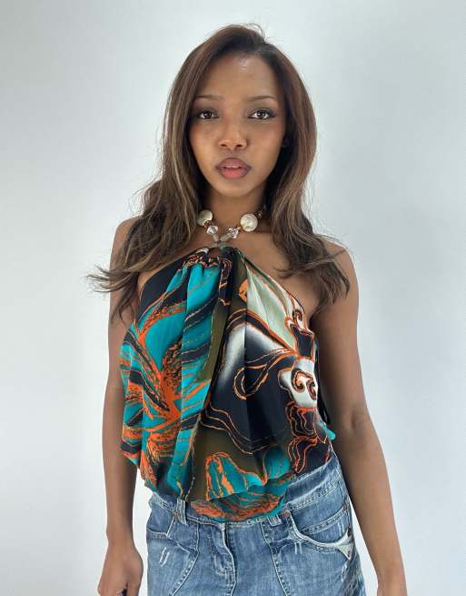 Vintage patterned halterneck top in brown