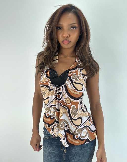 Vintage patterned halterneck top in cream