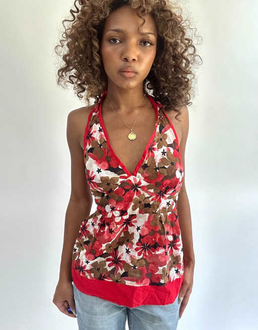 Vintage patterned halterneck top in red, 1 of 4