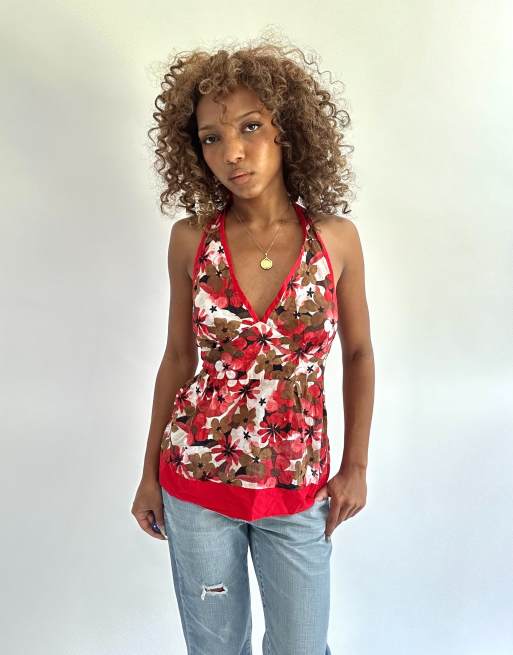 Vintage patterned halterneck top in red, 4 of 4