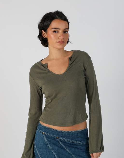 Vintage Pepe Jeans S long sleeve top in khaki green, 1 of 4
