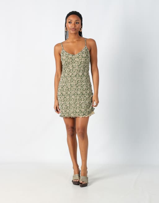 Vintage PHARD S printed woven mini dress in khaki green