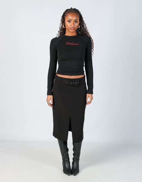 Vintage Piaza Italia S woven midi skirt in black - view 1