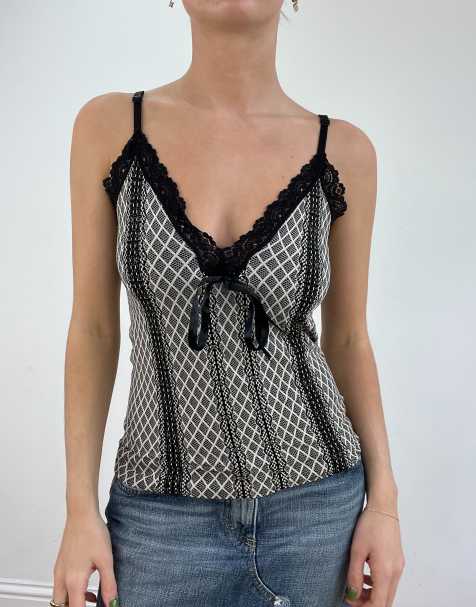 Vintage plaid lace cami in black - view 1