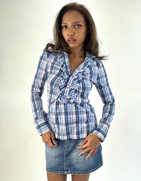 Vintage plaid long sleeve top in blue - view 1