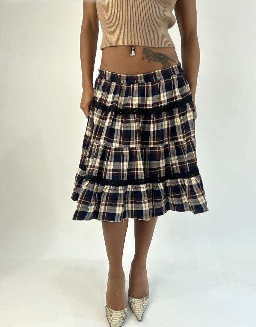 Vintage plaid midi skirt in brown