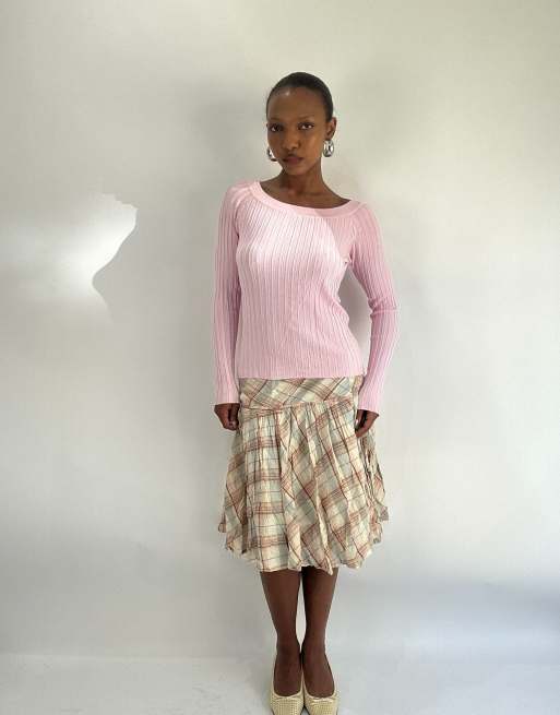Vintage plaid midi skirt in cream