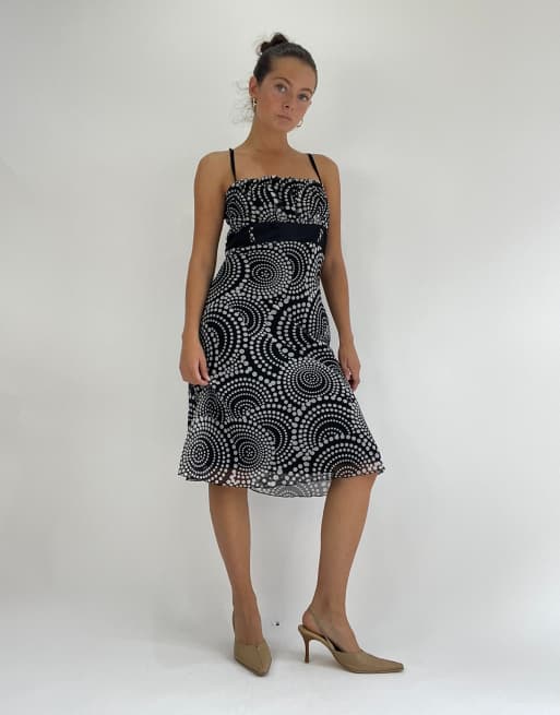 Vintage polka dot print midi dress in black