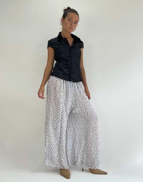 Vintage polka dot wide leg trousers in white and black - view 1