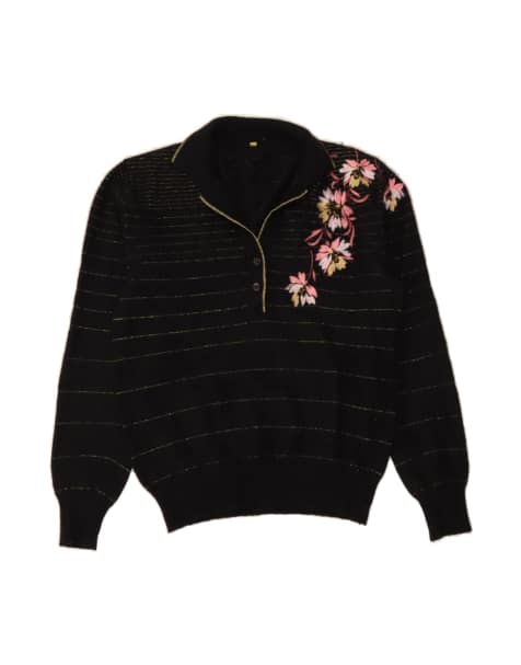 Vintage Polo Neck Jumper Sweater It 48 XL In Black Floral - view 1