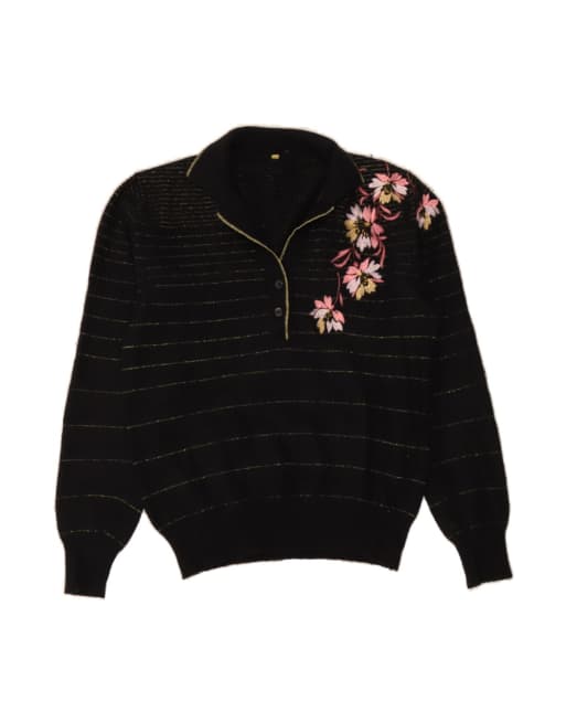Vintage Polo Neck Jumper Sweater It 48 XL In Black Floral