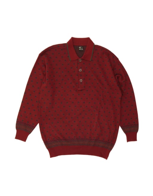 Vintage Polo Neck Jumper Sweater Large In Red Spotted Merino Wool