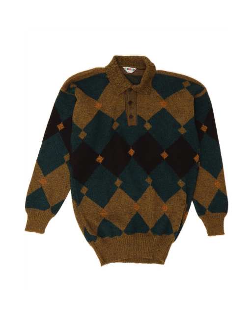 Vintage Polo Neck Jumper Sweater Medium In Green Argyle/diamond