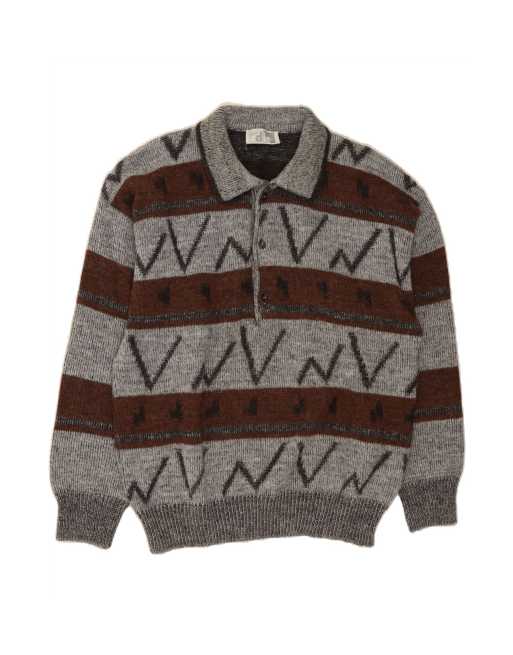Vintage Polo Neck Jumper Sweater Medium In Grey Geometric