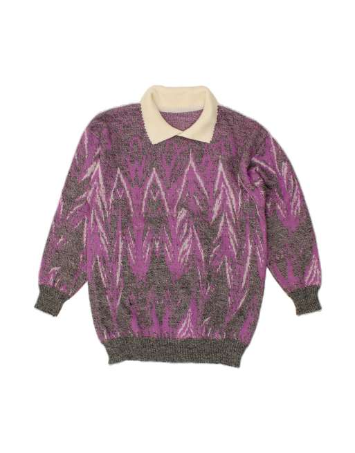 Vintage Polo Neck Jumper Sweater UK 12 Medium In Grey Geometric
