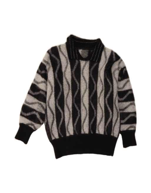 Vintage Polo Neck Jumper Sweater UK 14 Large In Grey Striped
