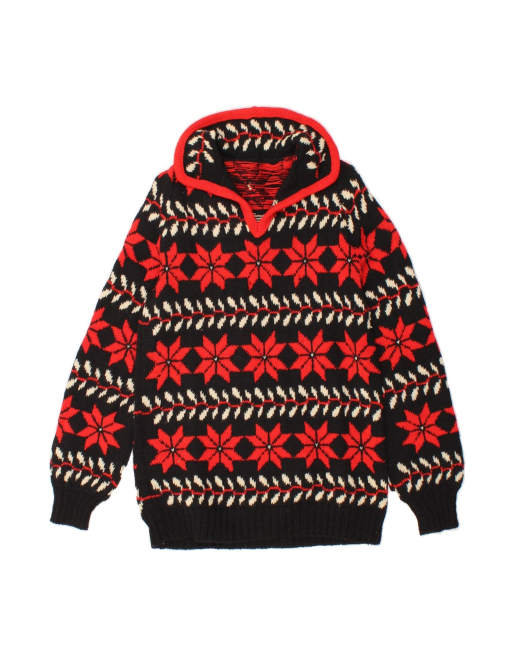 Vintage Polo Neck Jumper Sweater UK 14 Medium In Black Fair Isle