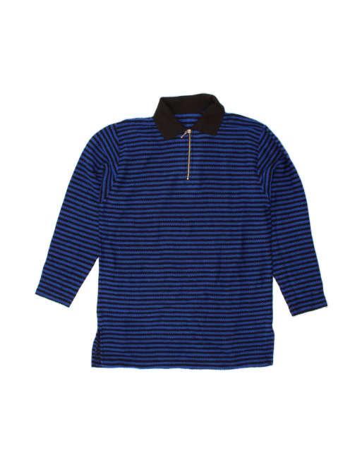 Vintage Polo Neck Jumper Sweater UK 14 Medium In Blue Striped
