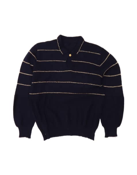 Vintage Polo Neck Jumper Sweater UK 14 Medium In Blue Striped - view 1